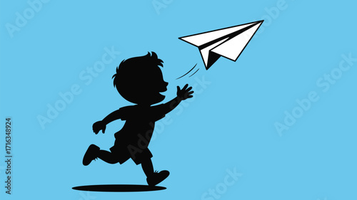 Joyful child chasing a paper airplane in bright blue sky, symbolizing dreams and freedom