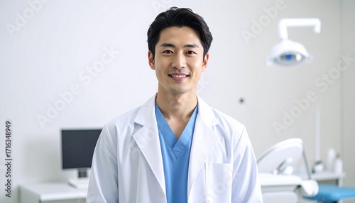 Tapety artystyczne この写真は、若い日本人男性歯科医の肩上ポートレートです。 白衣を着用し、整った髪型と温かい笑顔で安心感を表現。 背景にはアイボリーの漆喰壁とぼんやりとした歯科チェアが映り、広いコピースペースを確保。 自然光で肌の質感を際立たせ、歯科広告や医療SNSプロフィールに最適です。
