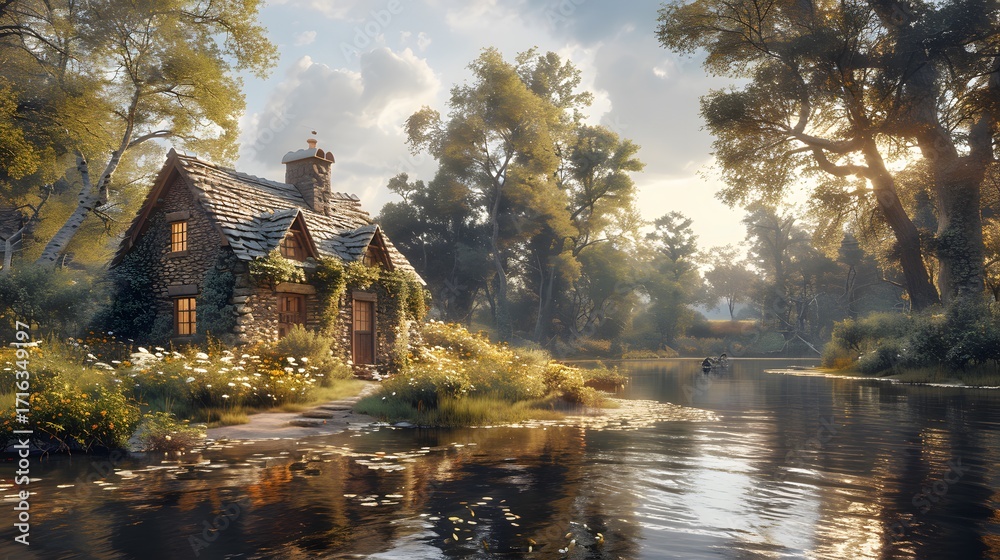 Fototapeta premium Modern rustic riverside cottage near blooming flowers high resolution picture