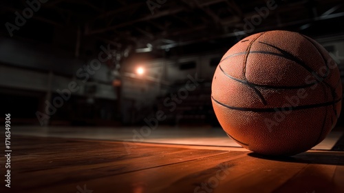 Basketball resting on hardwood floor of a dimly lit gym