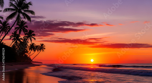 Dramatic tropical sunset over calm ocean with palm tree silhouettes and warm reflected light on shoreline