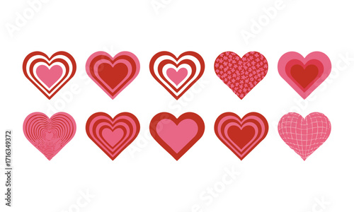 Heart Icons Set in Red and Pink Concentric Vector illustration, Stripes, Floral, Spiral, Wavy Check, Retro background in style 70s, 80s. Concentric hearts isolated icons, easily editable and scalable.