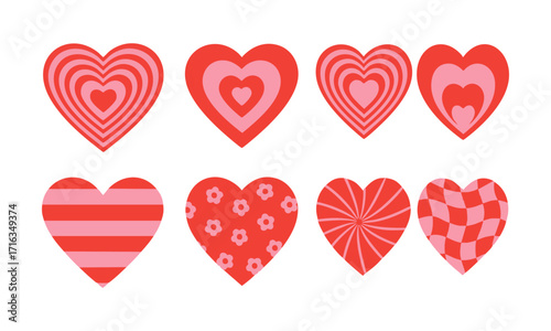 Heart Icons Set in Red and Pink Concentric Vector illustration, Stripes, Floral, Spiral, Wavy Check, Retro background in style 70s, 80s. Concentric hearts isolated icons, easily editable and scalable.