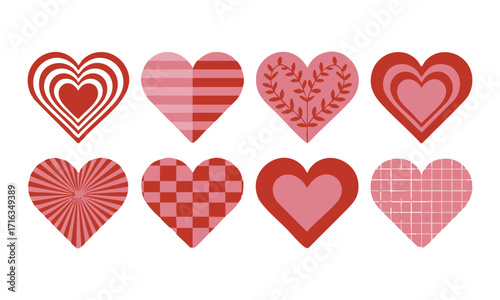 Heart Icons Set in Red and Pink Concentric Vector illustration, Stripes, Floral, Spiral, Wavy Check, Retro background in style 70s, 80s. Concentric hearts isolated icons, easily editable and scalable.