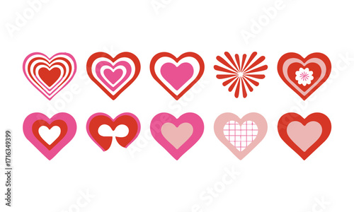 Heart Icons Set in Red and Pink Concentric Vector illustration, Stripes, Floral, Spiral, Wavy Check, Retro background in style 70s, 80s. Concentric hearts isolated icons, easily editable and scalable.