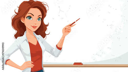 Experienced Female Teacher Pointing at Whiteboard Classroom Presentation Illustration