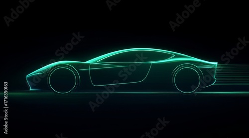 Neon outline of a futuristic sports car on a dark background