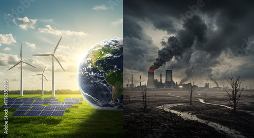Conceptual image of Earth's choice between clean renewable energy from solar panels and wind turbines versus industrial fossil fuel pollution