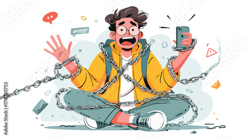 Frustrated Teenager Restricted by Phone Chain Vector Illustration