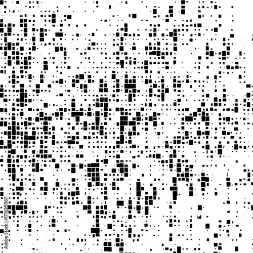 Black squares of varying sizes scattered randomly across a white background creating a pixelated effect