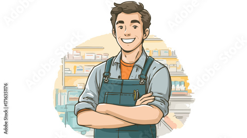 Smiling Male Retail Clerk Leaning In Professionally