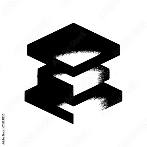 Isometric view of three stacked black shapes with textured shading on a white background creates depth