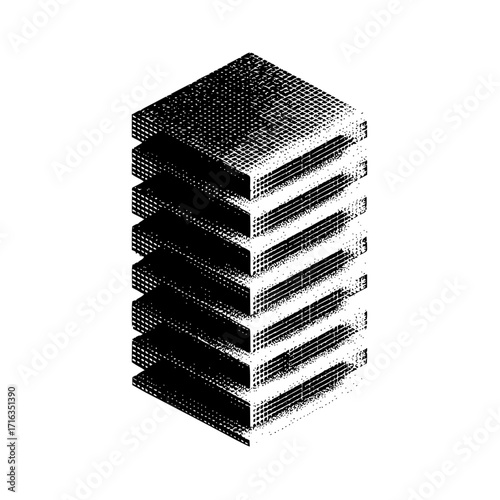 Isometric stack of textured cubes with a grainy black and white halftone pattern on a white background