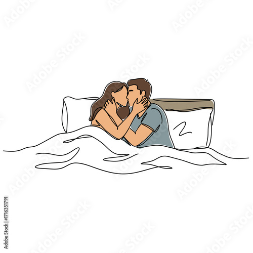 Couple kissing while lying on bed under white sheets  