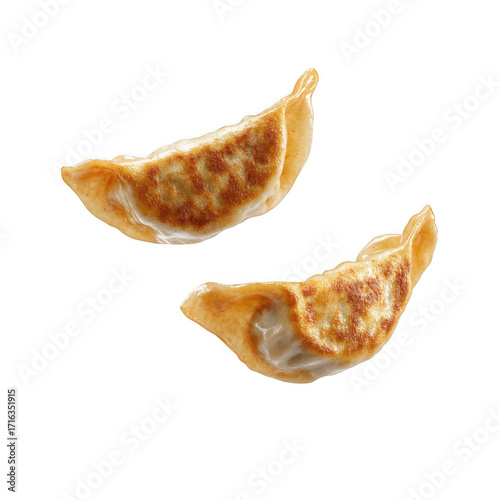 Gyoza Dumplings flying in the air, realistic 3d icon, Chinese street food, ultra realistic icon, detailed, angle view food photo [Transparent Background PNG].