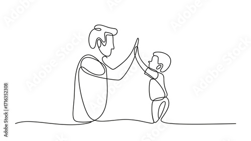 Father and Child High Five One Line Drawing Vector