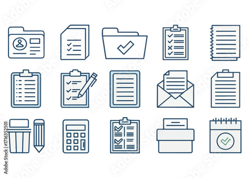 Office and Business Vector Icon Set Featuring Folders Documents Checklists Calculator and Stationery for Management Tasks