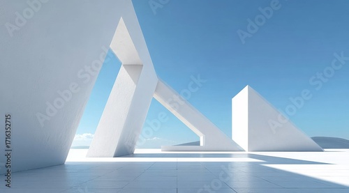 Abstract white geometric structures under a clear blue sky