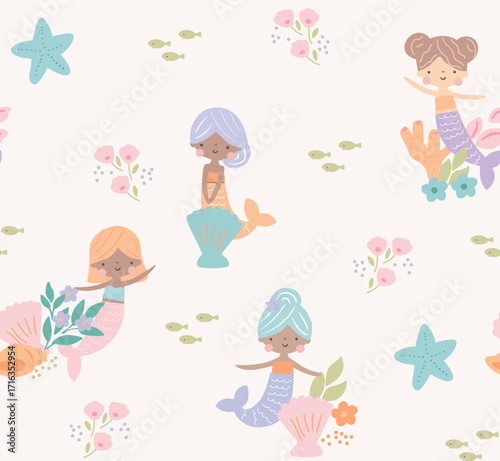 seamless pattern marmaid pattern with little girly vector illustor. cream background