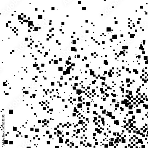 Black squares of varying sizes scattered across a white background creating a dynamic and textured effect