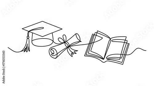 Graduation cap diploma and book continuous line art vector illustration