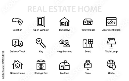 Real Estate Home House Modern Line Icon Pack, Professional Property Outline Vector Collection with Minimal Clean Icons for Premium Global Financial Ideas