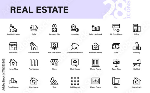 Real Estate Modern Line Icon Collection, Professional Property Home House Outline Vector Pack with Minimal Clean Icons for Premium Finance Applications