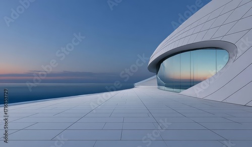 Modern architectural structure with curved glass window overlooking ocean at twilight
