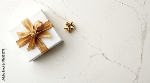 White gift box with gold ribbon and star ornament on marble surface