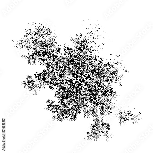 Abstract black and white fractal like structure with small squares and lines forming a complex pattern