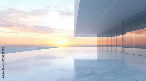 Modern architectural structure with glass walls overlooking a sunset at the horizon