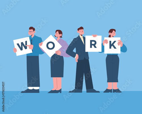 Team Holding 'WORK' Letters Workplace Collaboration