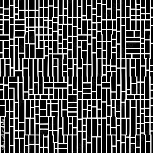 Abstract black and white geometric pattern with varying rectangular shapes in random arrangement and orientation