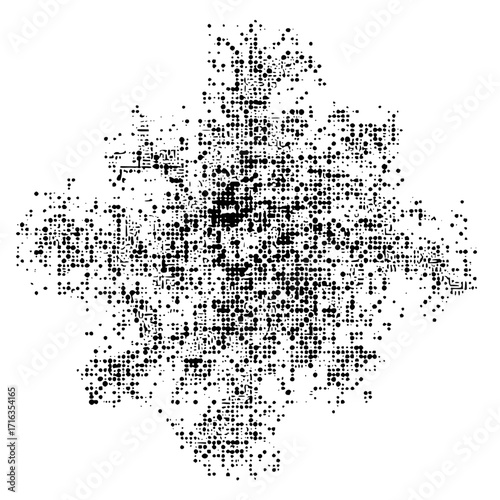 Abstract black and white pattern featuring a dense arrangement of dots forming a complex shape design