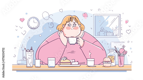 Unhealthy Eating Habits of Overweight Woman at Night - Stock Image