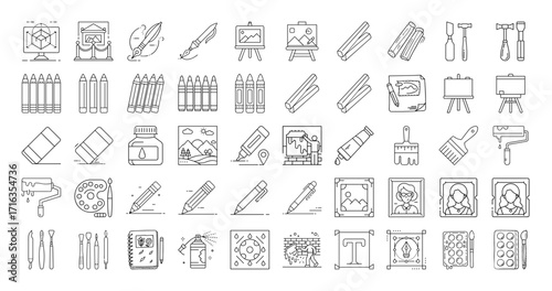 Diverse set of artistic tools and supplies in clean line art style