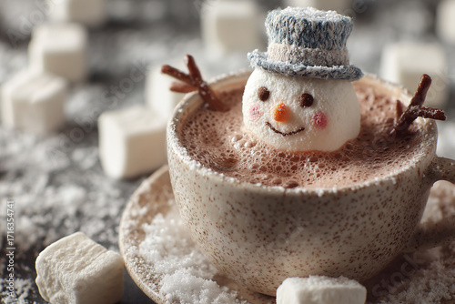 marshmallow snowman in hot chocolate  