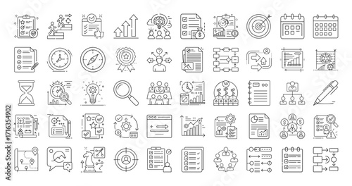 Collection of black and white line art business and management icons