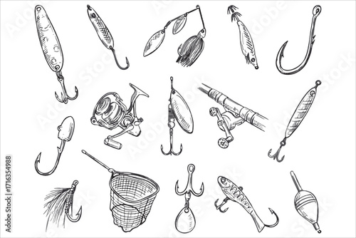 Fishing Equipment Lures Hooks Icon SetPrint