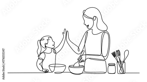 Mother and daughter cooking continuous line art vector illustration