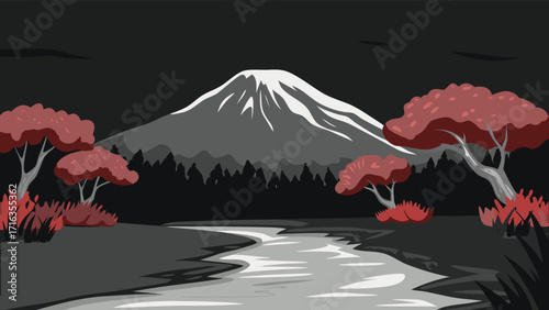 Monochromatic Mountain Landscape with River and Trees