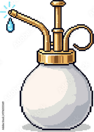 A pixelated illustration of a vintage perfume atomizer with a water droplet.