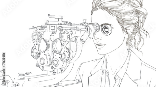 Optician Using Phoropter Vector Illustration for Eye Exam Equipment