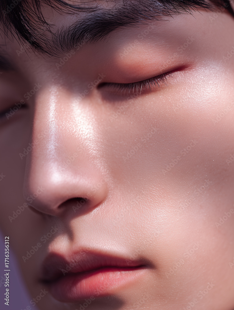 Naklejka premium Close-up of Korean Male with Pink Makeup