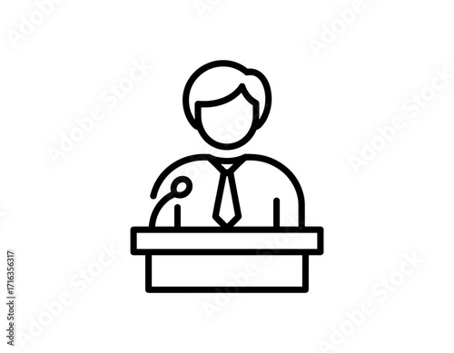 Vector icon of a person standing behind a podium with a microphone suggesting a speech or lecture.