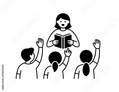 Vector illustration of a teacher reading to students with hands raised, symbolizing participation in learning and classroom discussion.