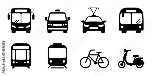 Collection of transport vector icons: bus, taxi, tram, train, bicycle and scooter in black silhouette.