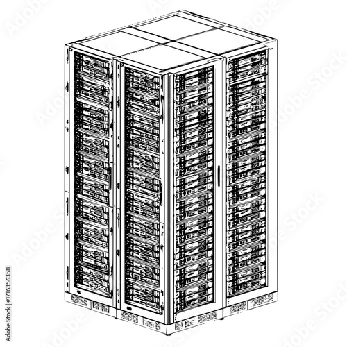 Isometric illustration of a server rack with multiple shelves and doors in a data center setup room view