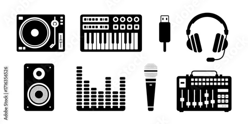 Vector collection of audio equipment including a turntable, keyboard, microphone, mixer, speaker and headphones.