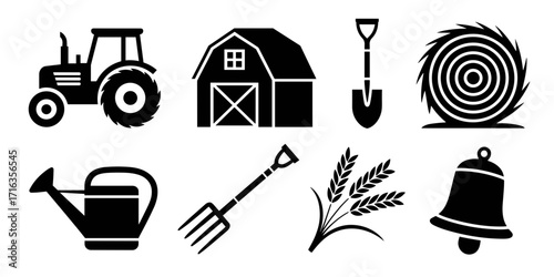 Collection of farm-related vector icons: tractor, barn, gardening tools, wheat, and a bell. Simple black designs.
